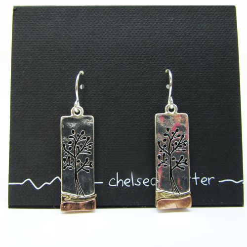 Pewter Tree of Life Rectangle Dangles Copper Accent - E1976FT